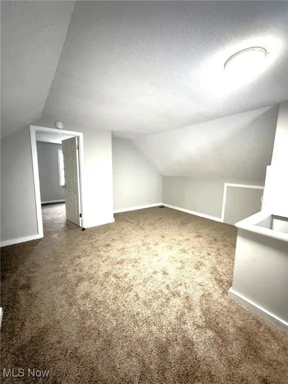Bonus room with a textured ceiling, lofted ceiling, and carpet