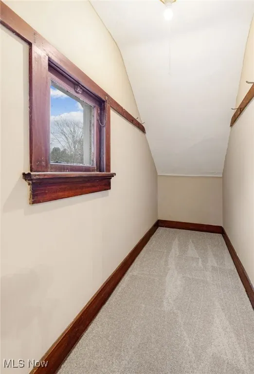 Bonus room with vaulted ceiling and light carpet