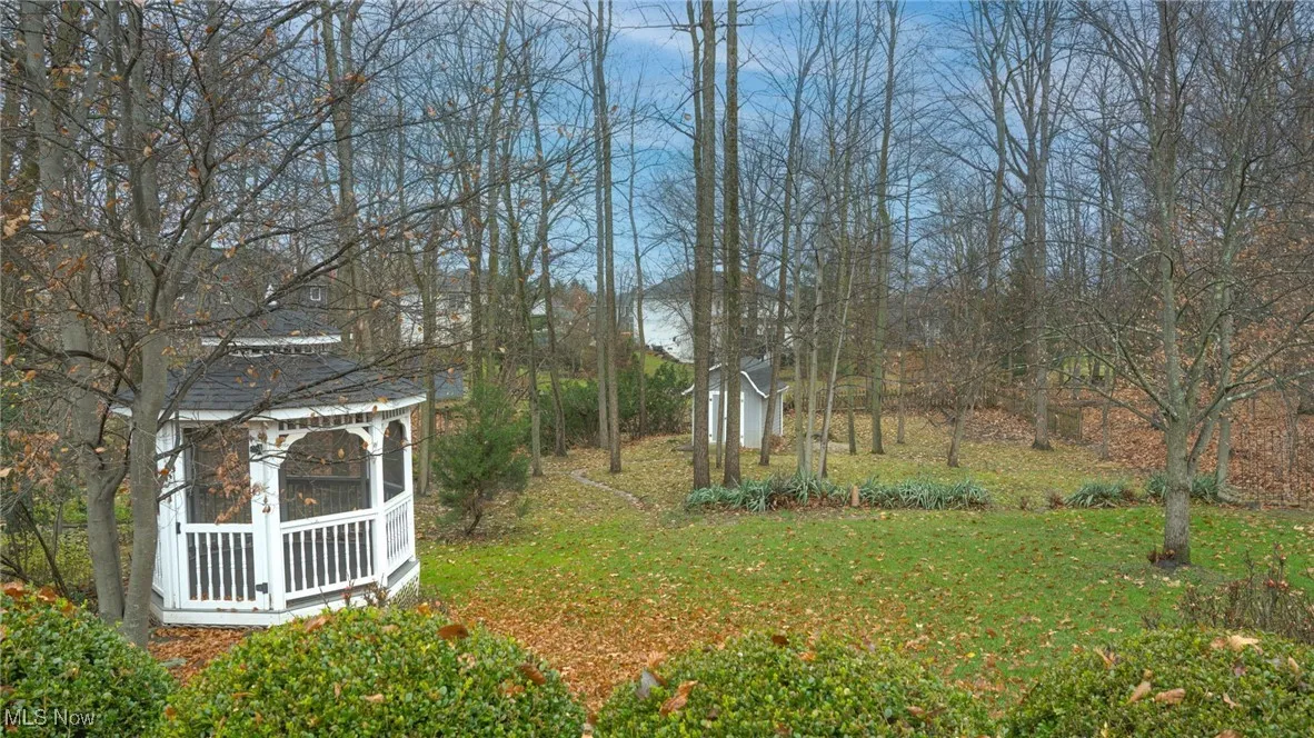 View of back lawn with a gazebo and storage shed