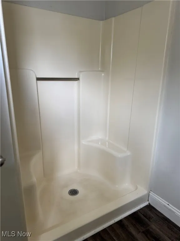 Full bath featuring a stall shower and dark wood-type flooring