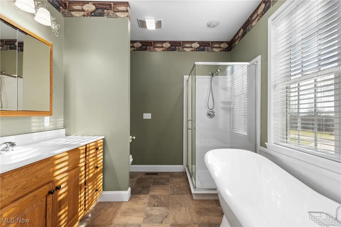 Master bathroom featuring a soaking tub, a shower stall, vanity, and stone finish flooring
