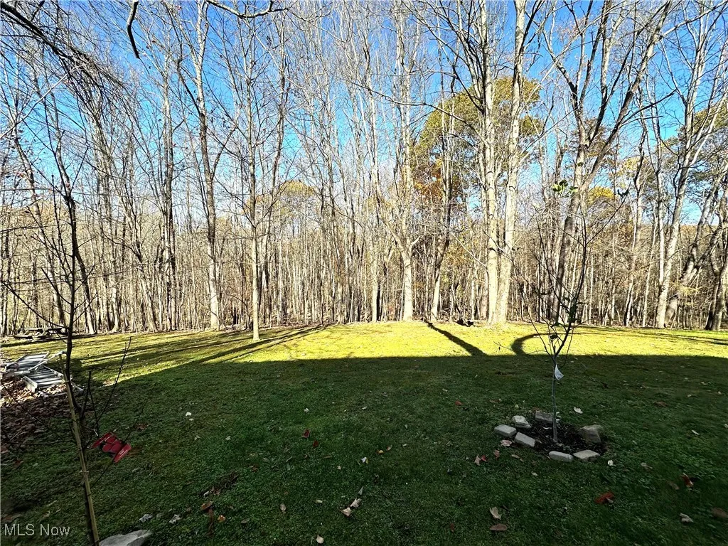 View of green lawn featuring a view of trees