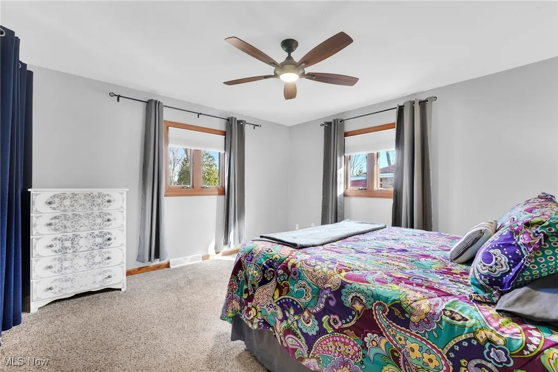 Primary bedroom with two windows, carpet and ceiling fan