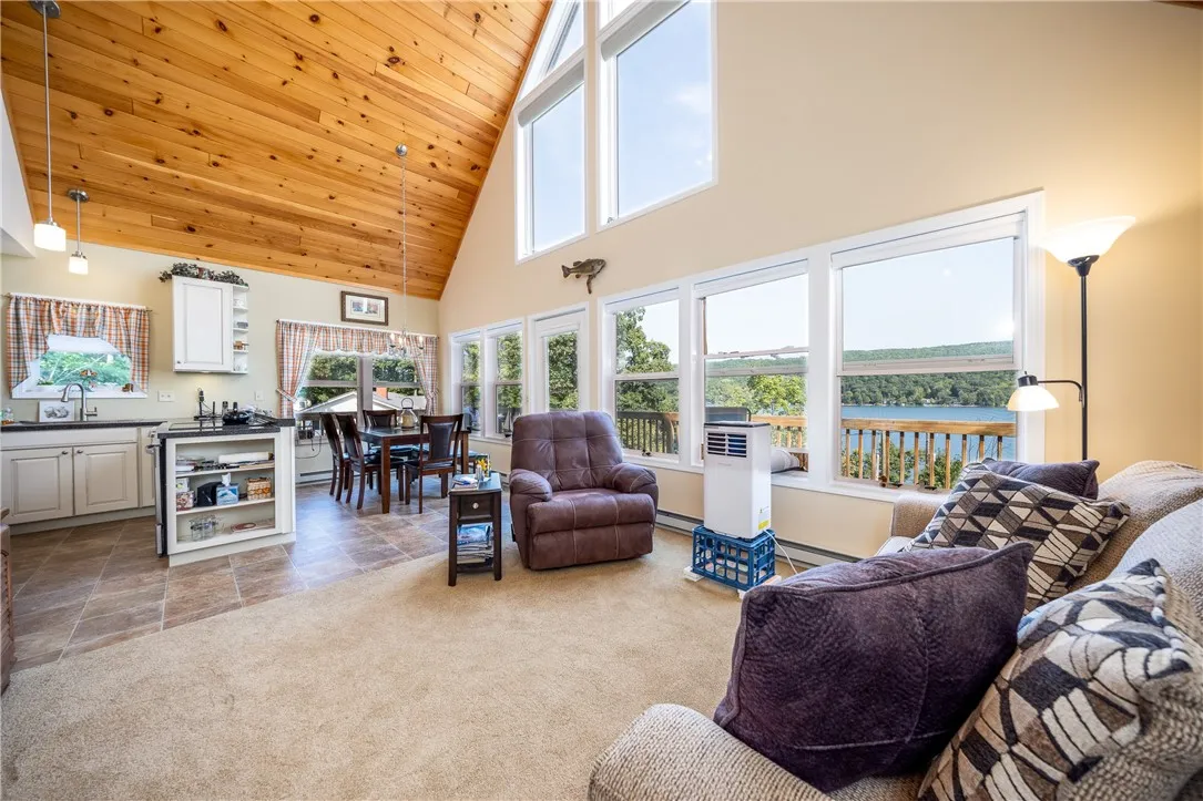 SPECTACULAR TWO STORY GREAT ROOM WITH WOOD CEILINGS & WALL OF WINDOWS FOR PANORAMIC LAKE VIEWS!