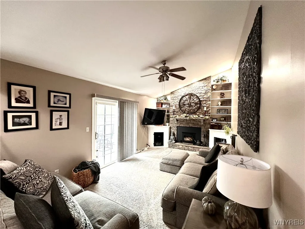Beautiful stone wood burning fireplace