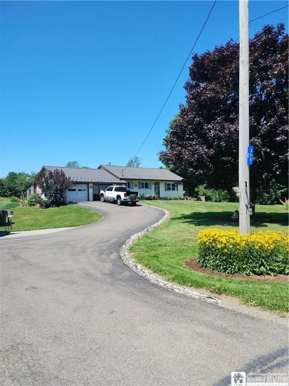 View from road up driveway to house