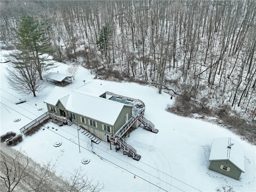Overhead of house, pond, shed and pavilion.