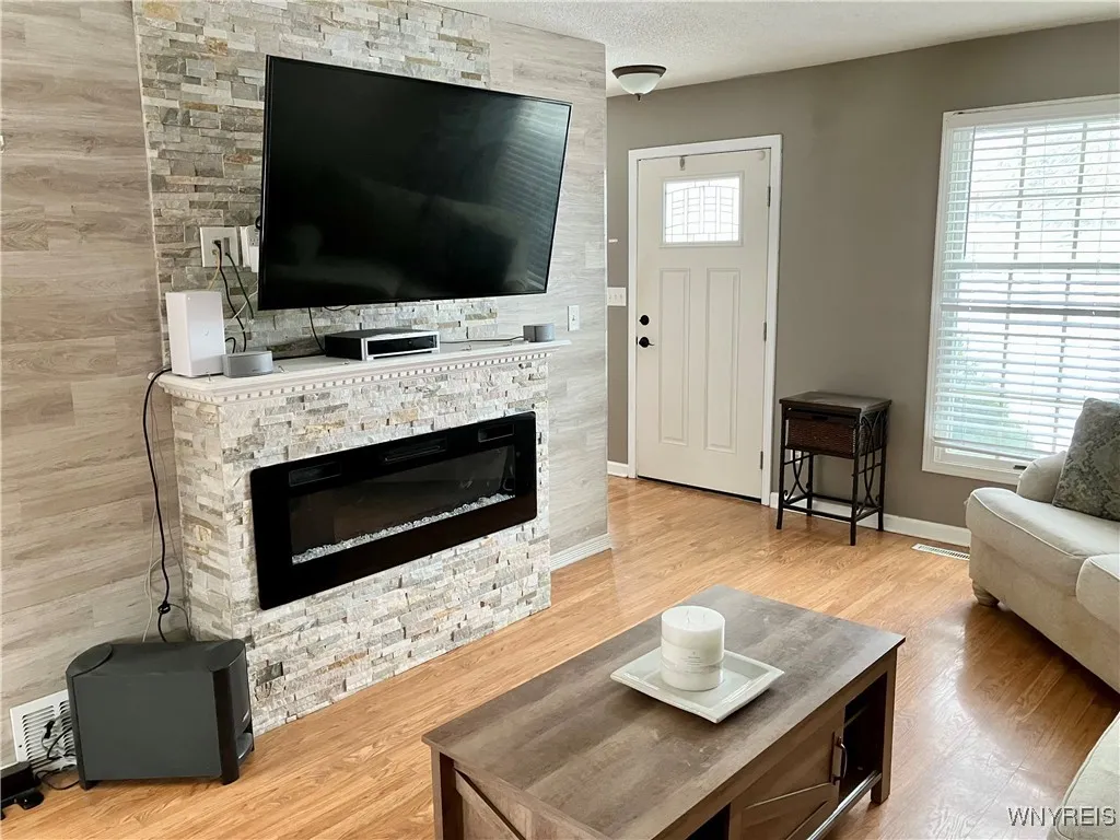 Stacked stone fireplace