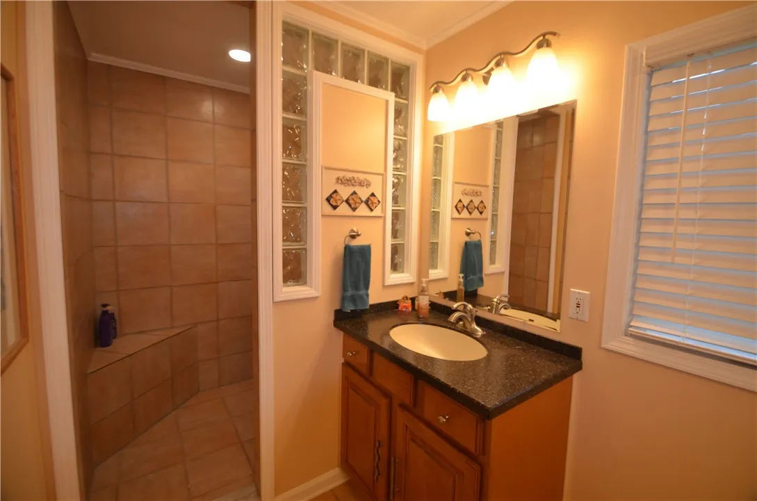 Primary bathwith tiled walk in shower