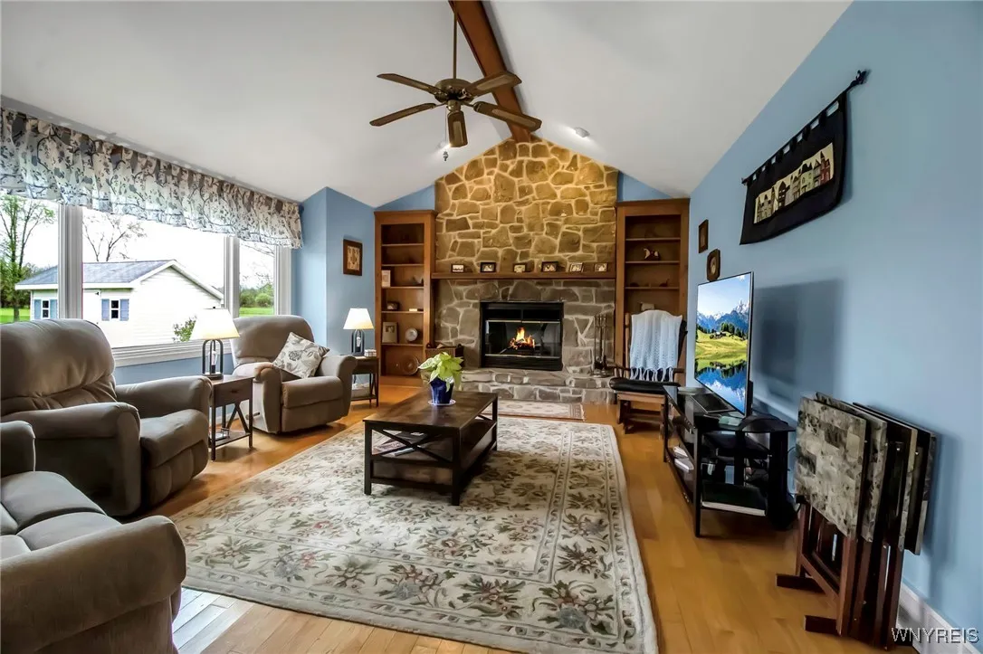 Woodburning fireplace in family room