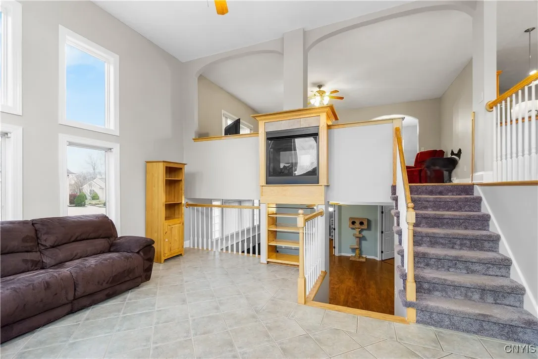 The atrium with a double sided fireplace