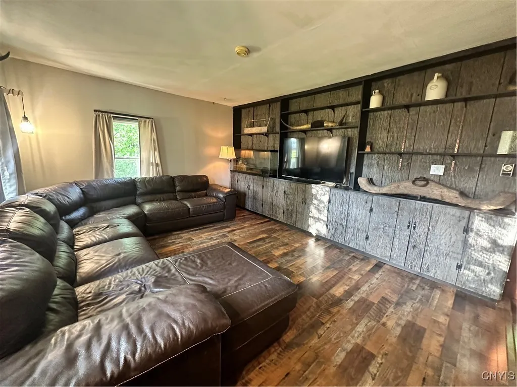 Living Room with built in shelving.