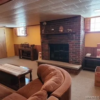 wood burning fireplace in basement