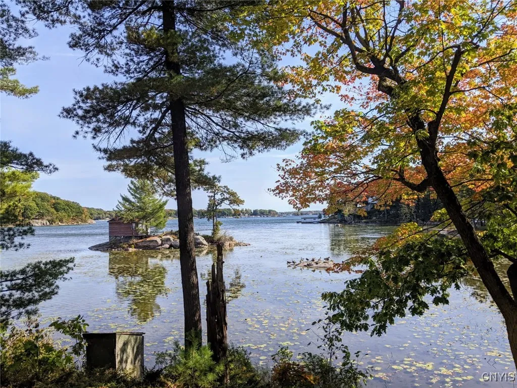 View of the St Lawrence River. Background is Wellelsey Island State Park, T. I Par & shipping channel.