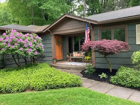 This front entrance is blooming with color.