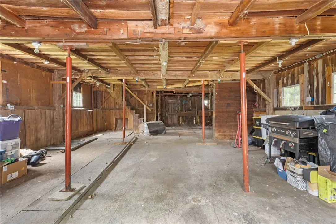 inside the barn, reinforced beams, and floor joists