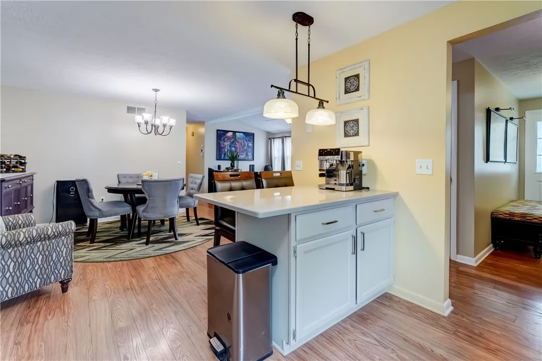Kitchen open to dining and living room