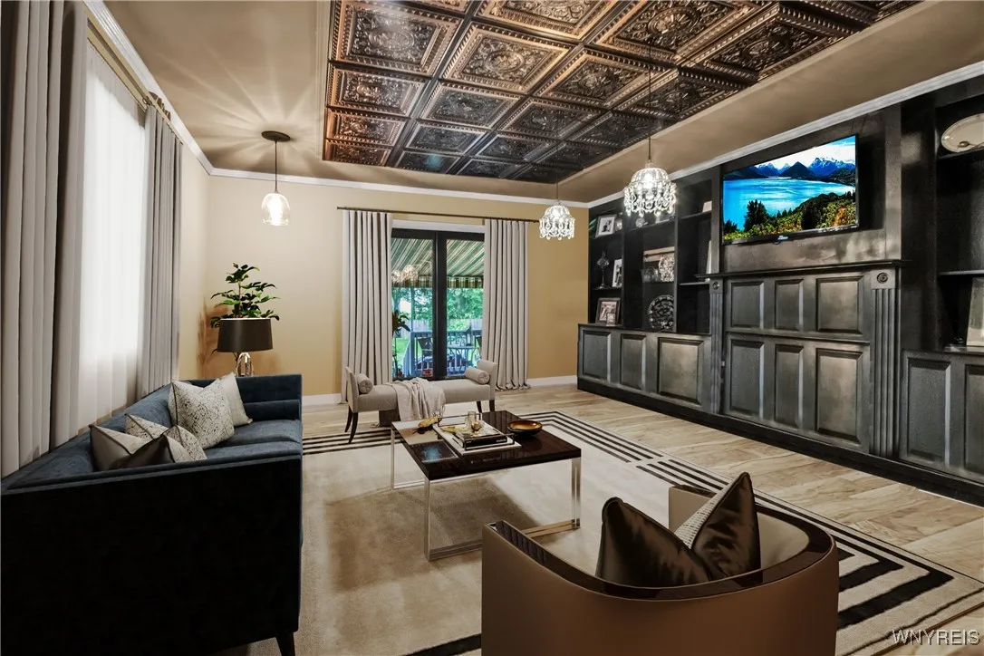 Virtually staged example to use bookcase room as family room instead of dining.
