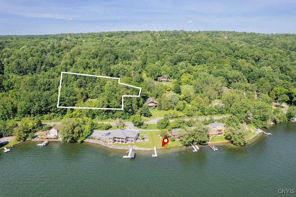 The property is roughly outlined in white and the lake rights are marked with the red pin.