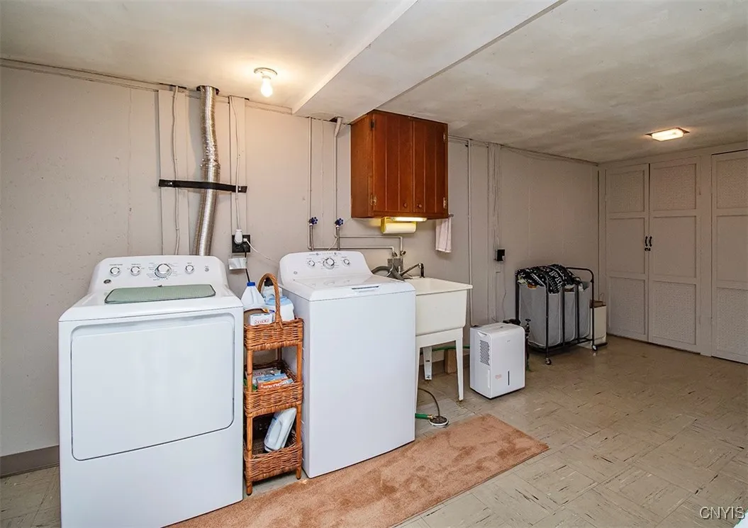 Basement has the washer and dryer