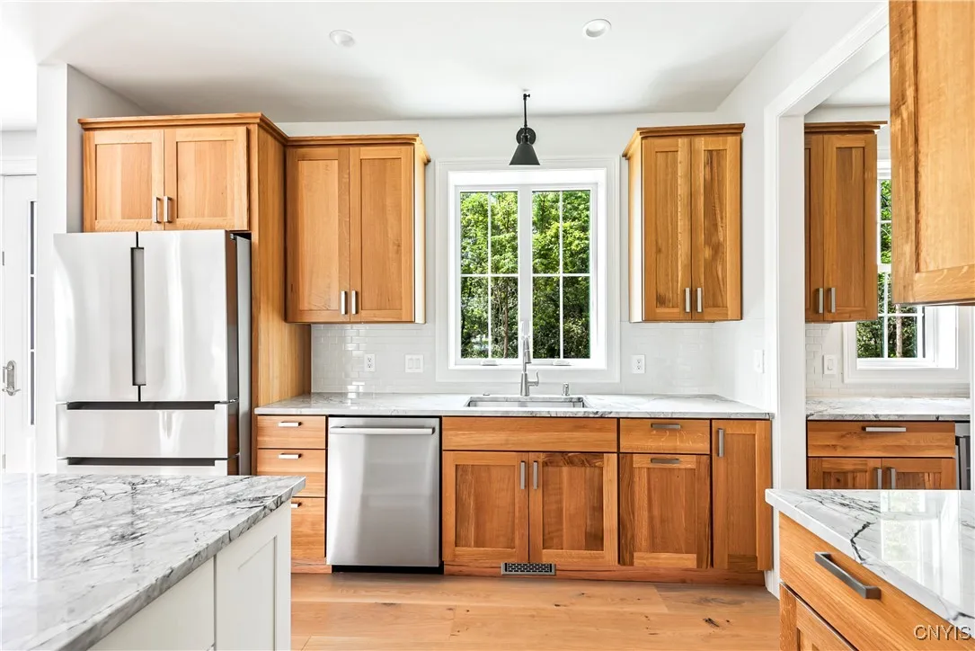 The oak cabinetry makes a visual statement.
