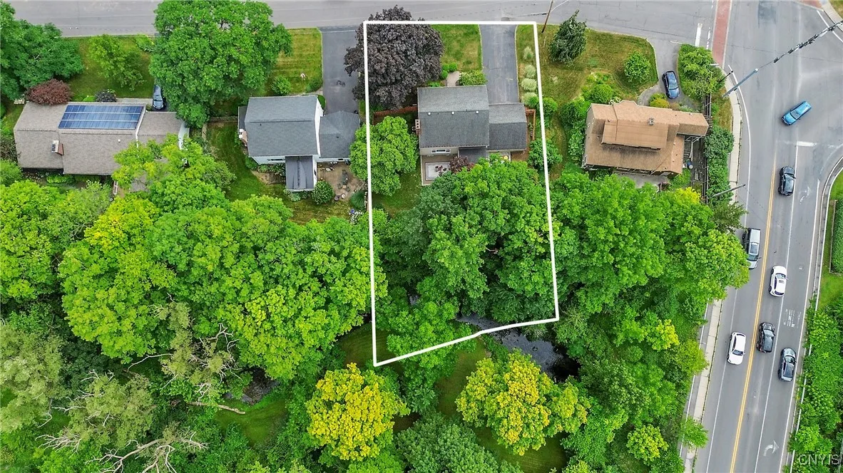 This bird's-eye view shows how the lot extends down into the center of the Meadow Brook with that foliage providing a natural barrier at the back of the property.