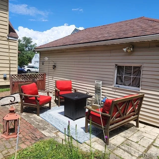 patio area in fenced  yard