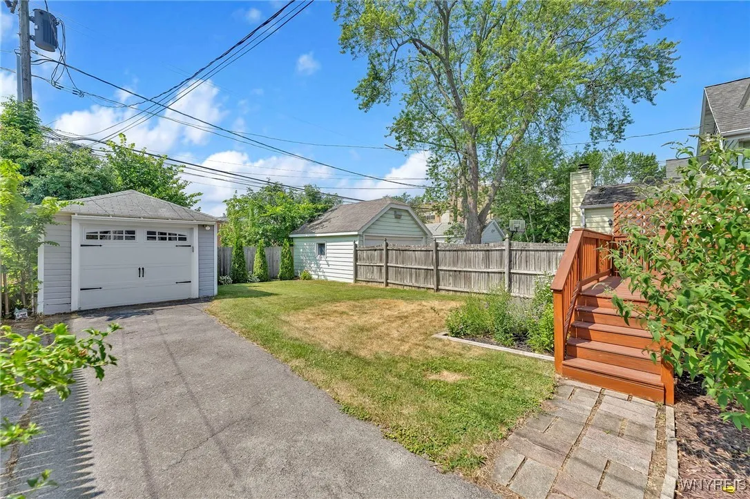 Partially fenced, private back yard. One car garage.