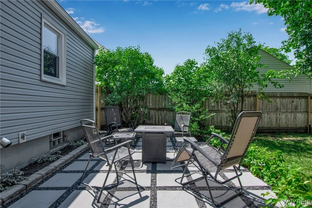 Backyard Patio surrounded by beautiful perennials.