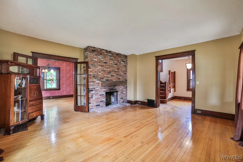 Front living room with wood burning fireplace