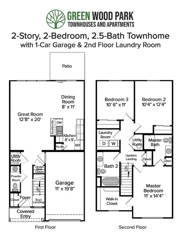 Floorplan for 3-BR, 2.5BA 2 Story Townhome