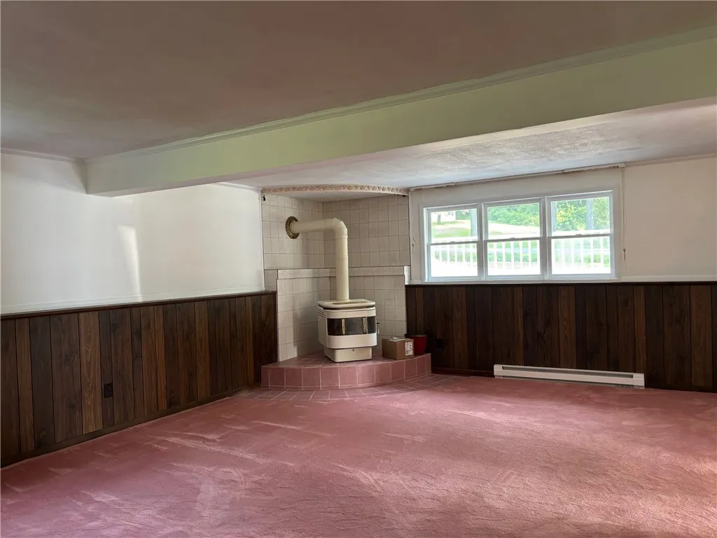 lower level family room with wood stove