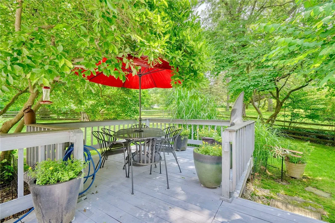 Spacious deck is an outdoor sanctuary surrounded by mature trees & Landscaping. FULLY FENCED BACKYARD with separate gravel and grass pet zones.