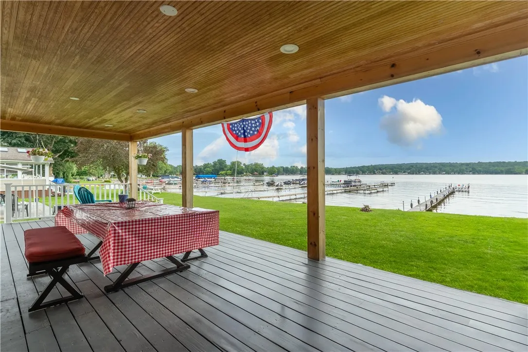 recessed lighting sprinkled above the wooden ceiling