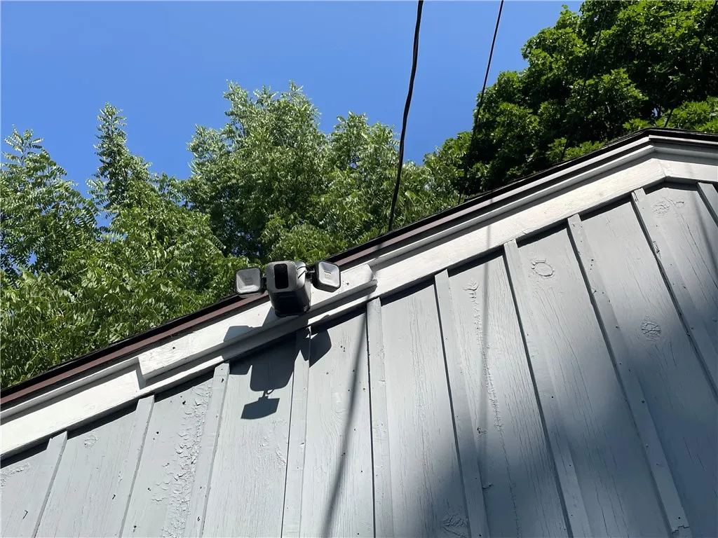Solar flood light on the garage.