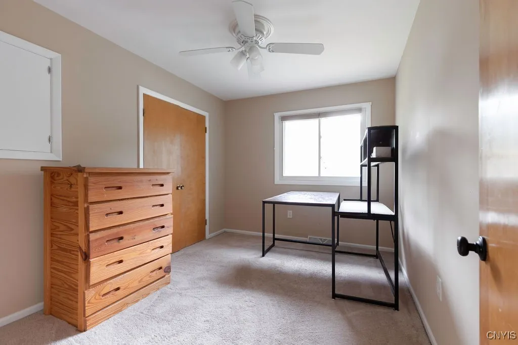 This is the first bedroom at the top of the stairs.   It includes a large closet, has new carpeting, and paint.