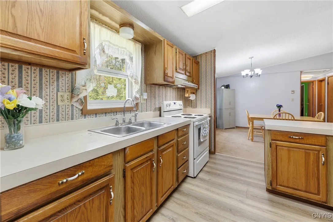 Kitchen looking into dining area