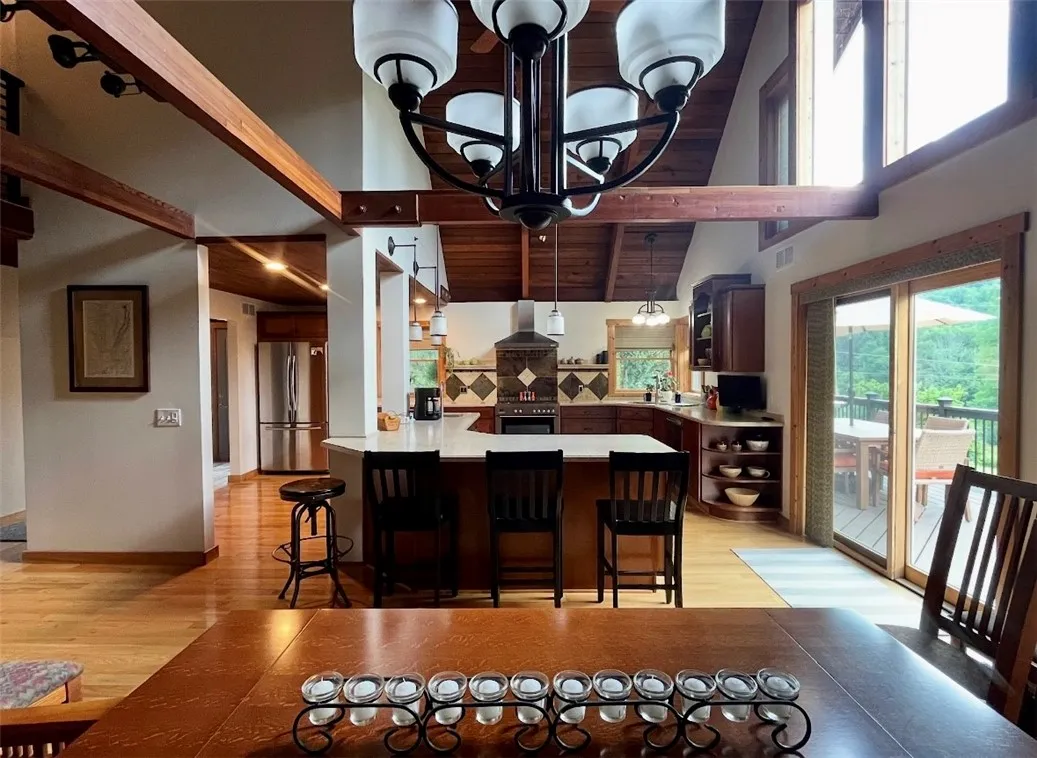 Dining area looking through to the kitchen with the mountains in the background