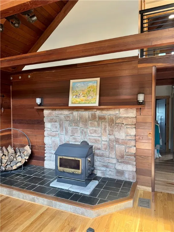 Wood burning fireplace in the dining room