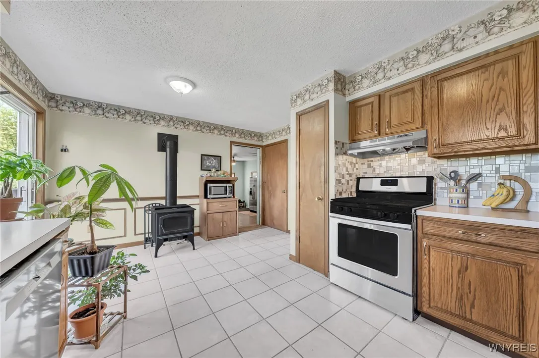 Kitchen with cozy wood stove