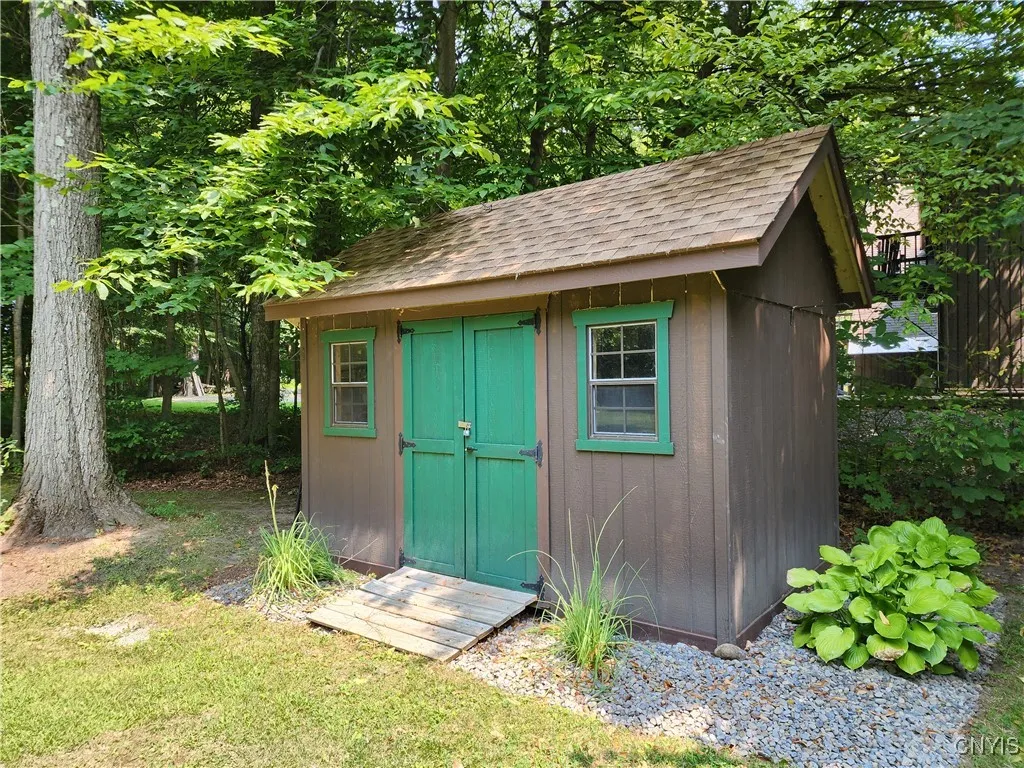 This fun shed offers great outdoor storage space.