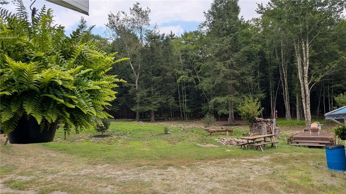 View shows side wooded area of lot