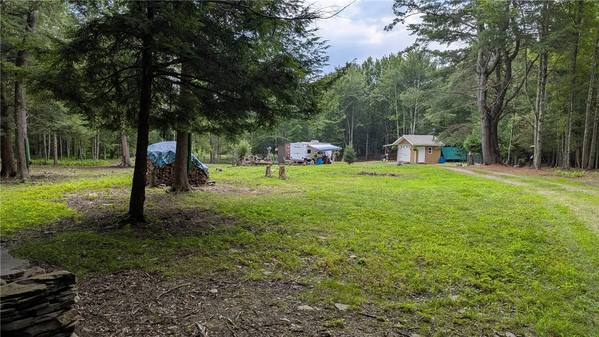 View of one of the cleared developed area that has camper, shed with addition, firepit, fenced garden, fruit trees....
