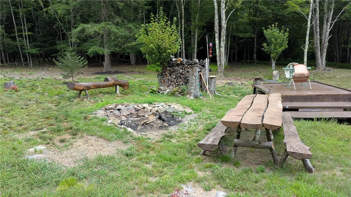 Party place includes fire pit, bench, interesting picnic table and platform along with nice supply of firewood