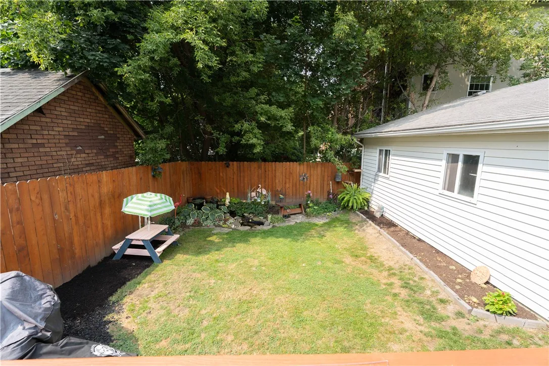 Back yard with small garden pond