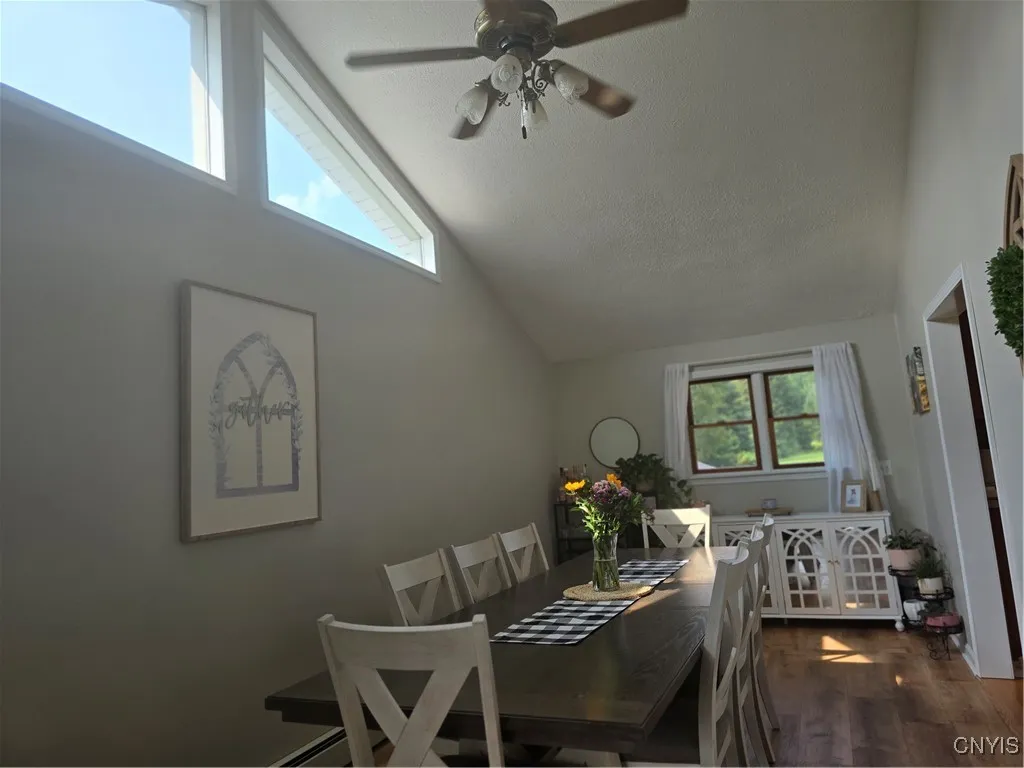 The contemporary windows, cathedral ceiling and huge fan complete the picture!