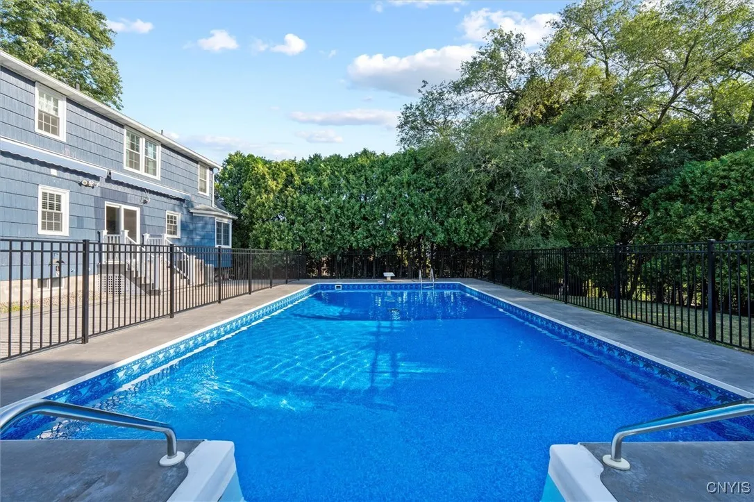 new liner 2021, stairs to pool 2021, pool heater 2020, salt water conversion 2023, fencing around pool 2024, cement patio around pool 2021