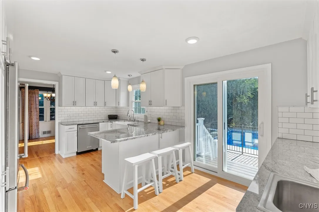 breakfast bar, new light fixtures