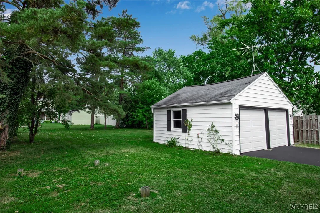 yard, with garage