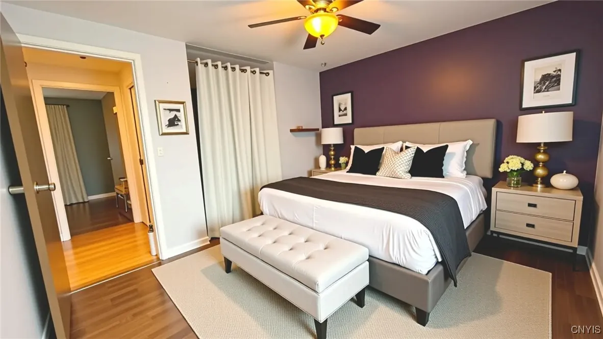 Virtually staged primary bedroom - meant for illustrative purposes only. Actual room is unfurnished.